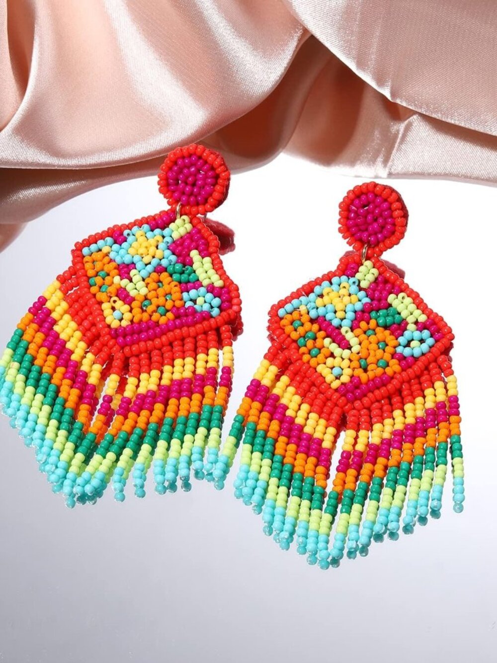 Beaded Flower Earrings Beads Tassel Earrings Square Drop Dangle Earrings